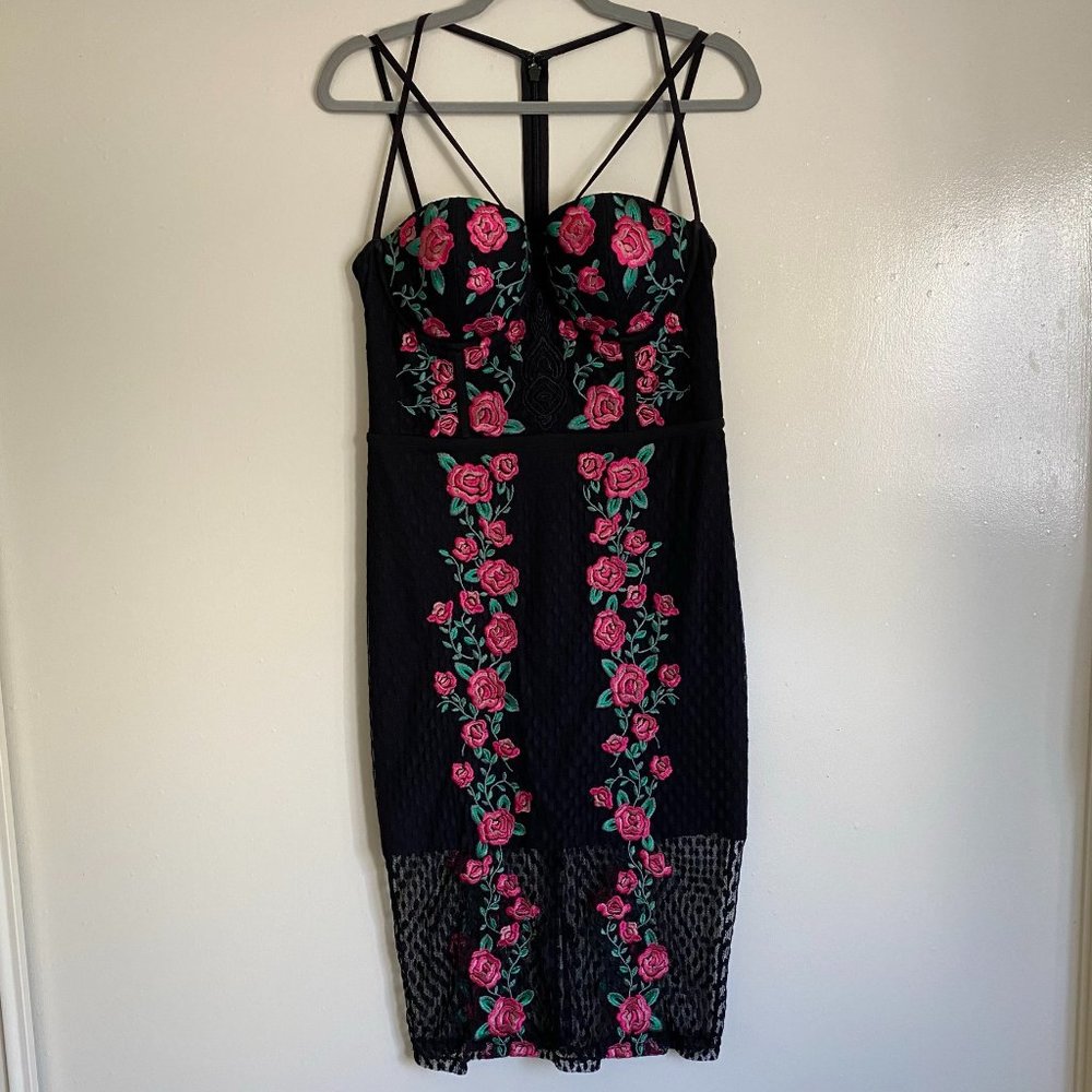 bebe Lace Cocktail Dress with Embroidered flowers